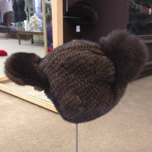 Brown Kitted Mink Fur Brim Hat With Fox Fur Pom